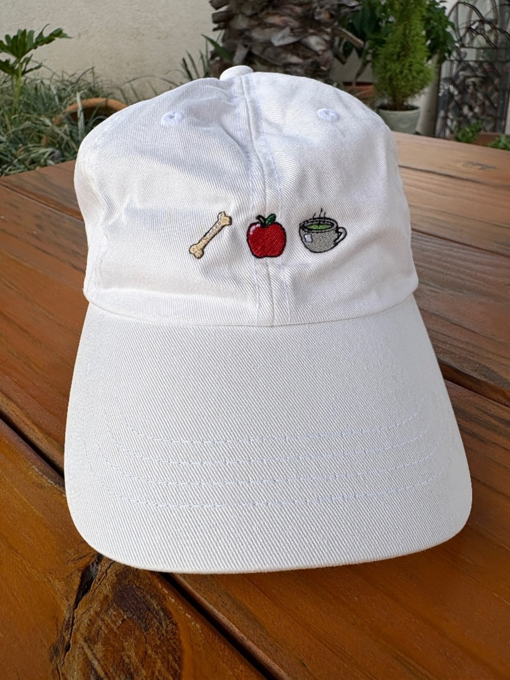 Bon Appetit White Embroidered Baseball Hat Cap, Bone, Apple and Tea, 100% Cotton